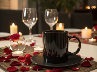 A romantic table setting with wine glasses, a black Blank mug