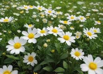 White flowers with bright yellow centers in a lush green field, blossoms, petals, yellow