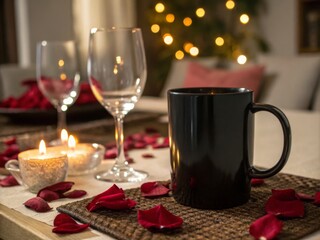 Black blank Mug, Wine Glasses, and Candlelit Table