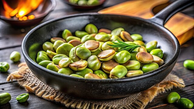 Close up of fava beans being roasted to perfection in a skillet, fava beans, roasted, perfection, skillet, close up