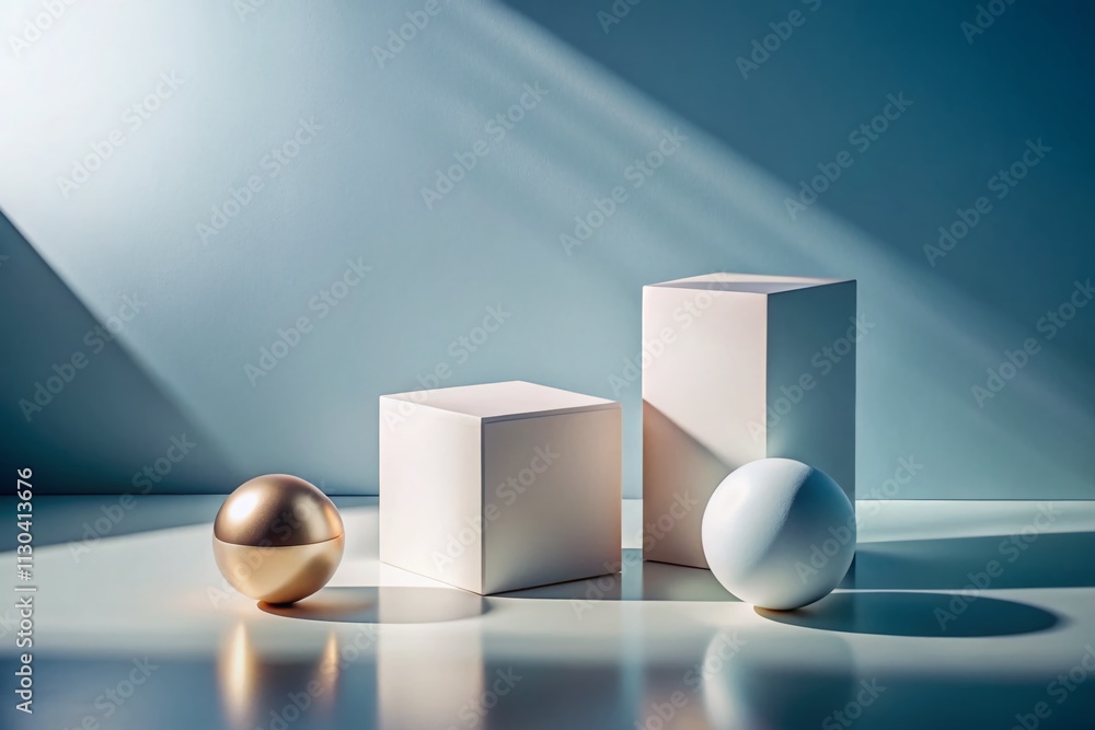 Aufkleber sleek minimalist display of geometric shapes featuring a cube, sphere, and cylinder in a modern sett