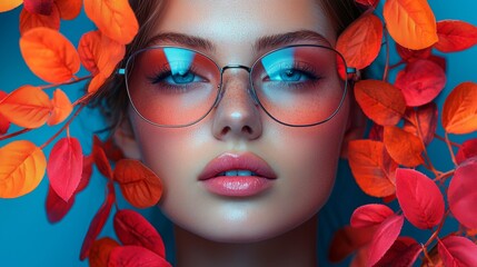 Fototapeta premium Stylish portrait of a woman with orange glasses and floral frame