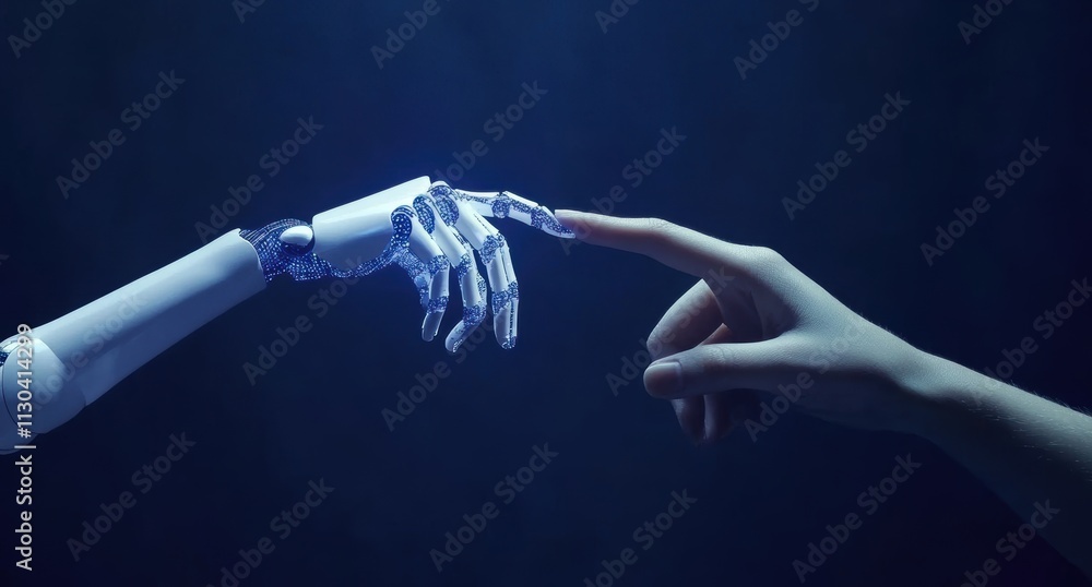 Poster human and robot interaction symbolizing future technology connection