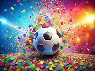 Fototapeta premium Soccer Ball in Flight Amidst a Colorful Confetti Explosion Celebrating Sports Excitement and Joyful Moments in a Festive Atmosphere Perfect for Event Promotion