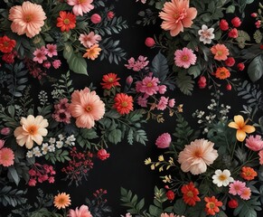 Detailed floral pattern on a rich black background featuring a variety of flowers and foliage, artistic, detailed, black background