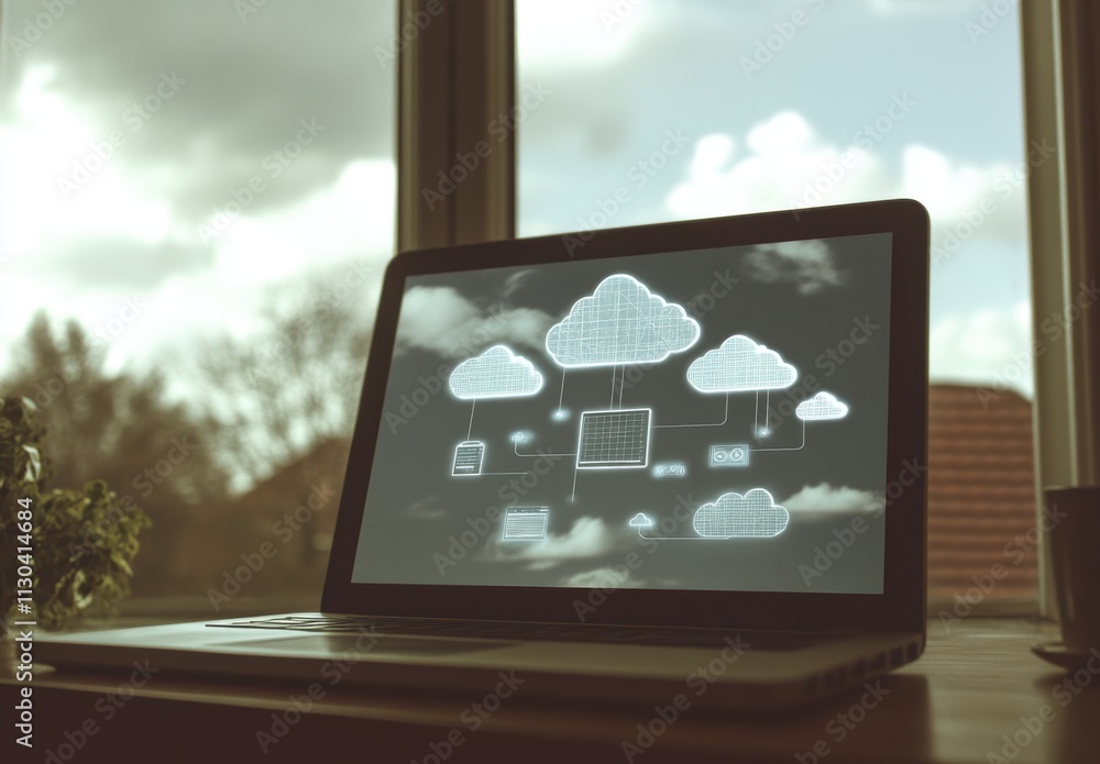 Poster laptop displaying cloud computing concept in modern office environment
