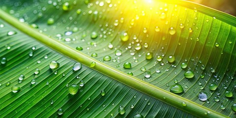 Closeup view of a fresh banana leaf with water drop under sunlight, banana leaf, fresh, water drop, sunlight, background, nature