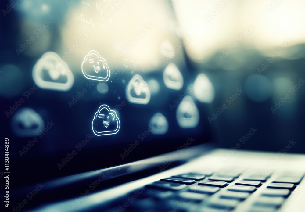 Poster digital cloud computing concept on laptop screen with icons