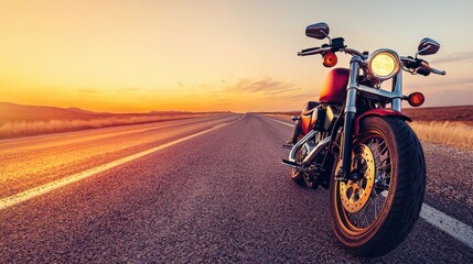 Naklejka premium Stunning Sunset Scene Featuring a Motorcycle on an Open Road, Capturing Freedom and Adventure in a Beautiful Outdoor Landscape with Vibrant Colors
