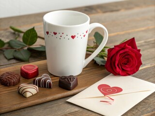 Blank White Coffee Cup, Red Rose, and Chocolates