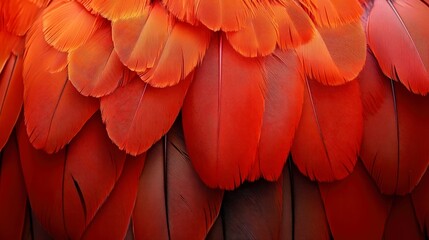 A vibrant feather from a scarlet ibis, showing pure red tones with a glossy texture