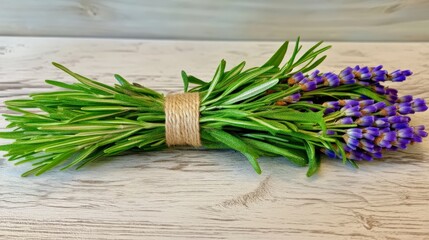 A vibrant lavender and rosemary bundle tied together with a thin jute cord