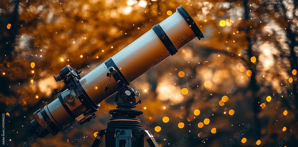 Poster telescope pointed up at the sky with a blurred background of trees.