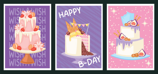 Fototapeta premium Happy Birthday cards, posters in cartoon retro 90s style. Set of birthday greeting cards with cakes drawn by hand