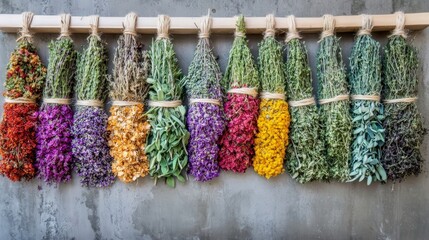Fototapeta premium A vibrant mix of dried herbs including rosemary, chamomile, and mint, tied together with natural string