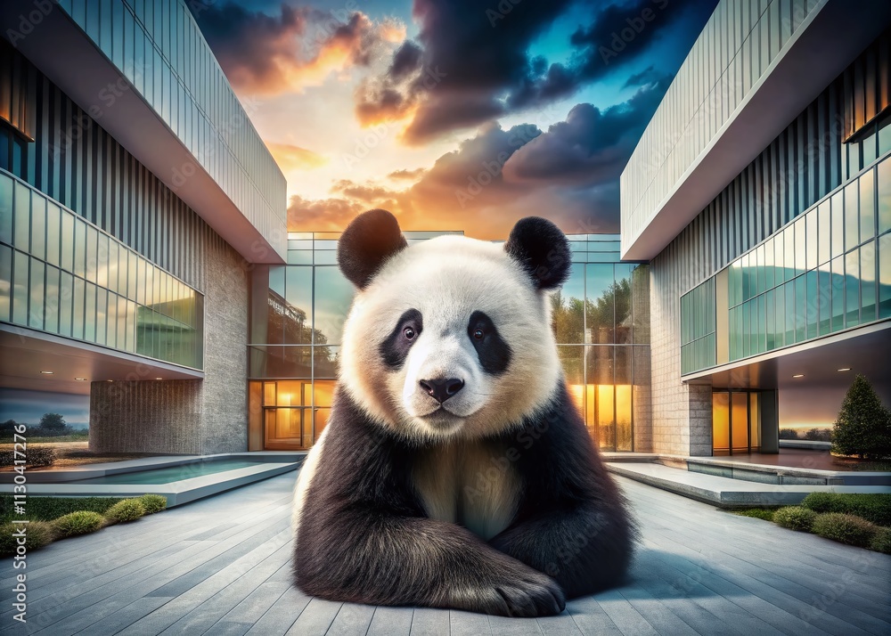 Poster studio portrait of a panda captured in a minimalist architectural setting, showcasing natural textur