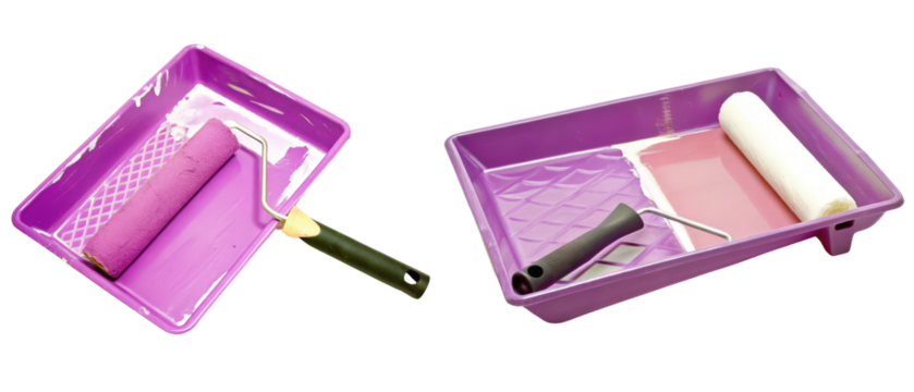 Purple paint trays with rollers and paint isolated with transparent background
