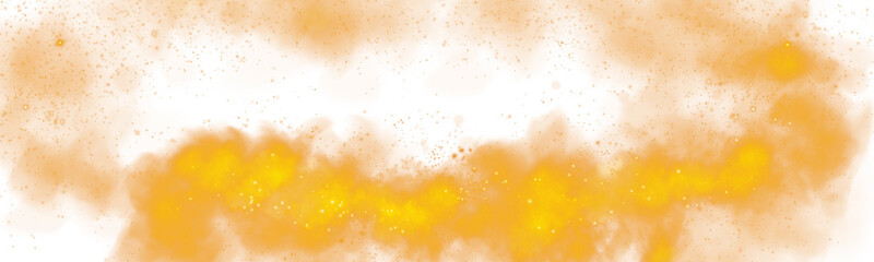 Fantastic orange smoke background. Magic orange smoke with glitter and small particles of twinkling stars. Fog with luminous particles. Orange vapor with stardust. Morning fog over land or water surfa