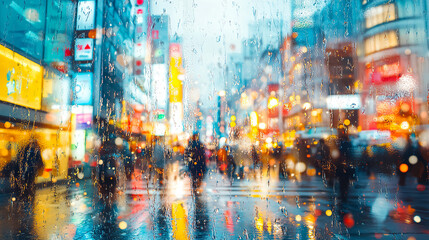 Fototapeta premium Busy city intersection during a rainy evening with colorful lights reflecting on wet streets. Generative AI