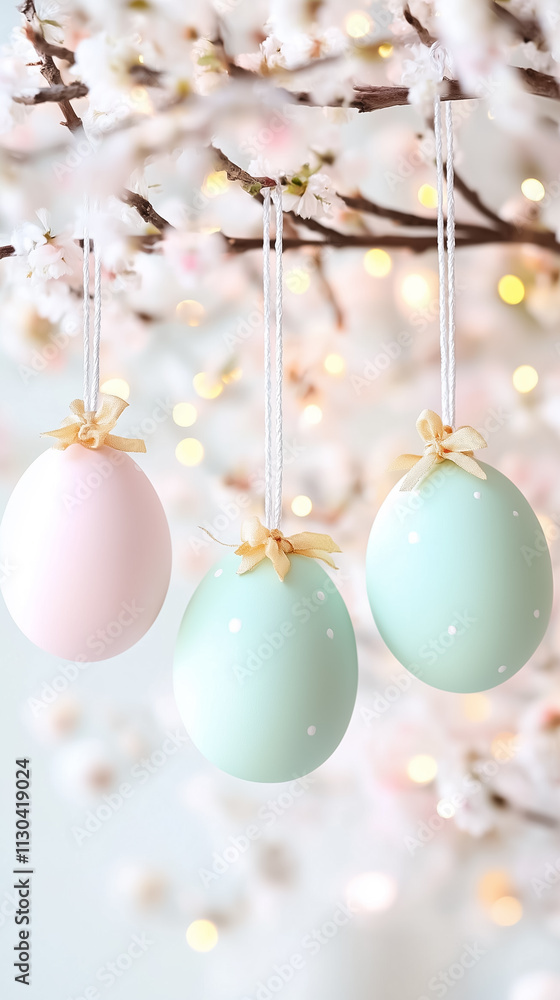Poster Soft pastel-colored eggs dangle from a floral branch, creating a whimsical atmosphere filled with spring joy and warmth