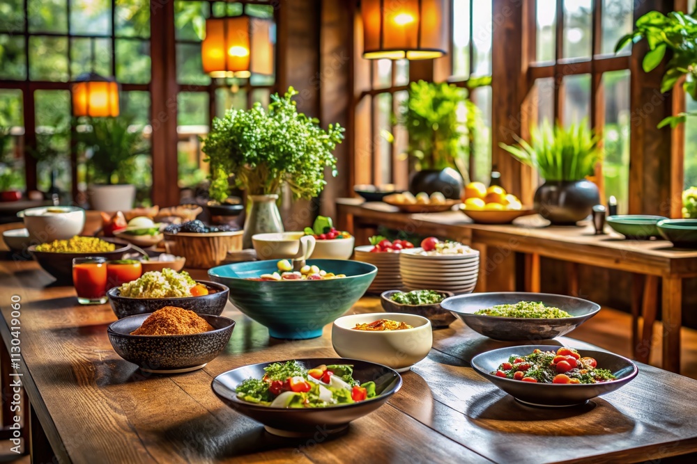 Poster stunning architectural photography of a table displayed with an array of food bowls showcasing culin