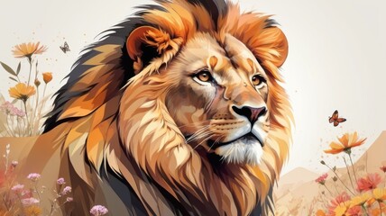 Fototapeta premium A lion in the wild surrounded by a vibrant flower field .