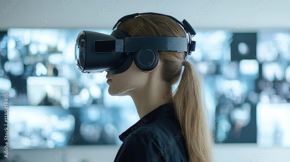 Poster virtual world architect exploring designs in a modern workspace with advanced technology and immersi