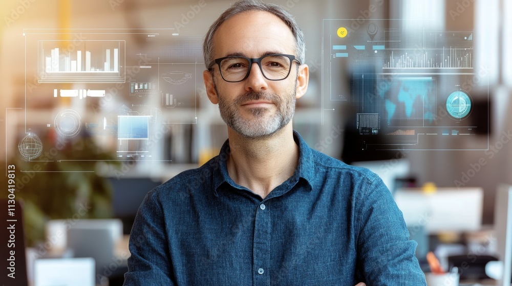 Poster sustainable development and ai ethics specialist working in a modern workspace with digital interfac