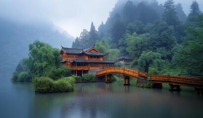Fototapeta premium AI generator images of china wood house in the middle of a natural forest,Beautiful contemporary wood house with lush grass Residential house for family. resort countryside style home with beautiful 