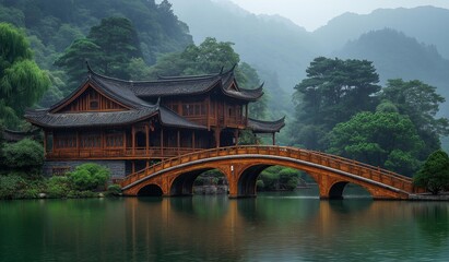 AI generator images of china wood house in the middle of a natural forest,Beautiful contemporary wood house with lush grass Residential house for family. resort countryside style home with beautiful 