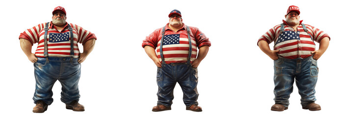 Fototapeta premium Set of A jolly, heavyset American man wearing a patriotic-themed T-shirt, holding a burger and smiling isolated on transparent background
