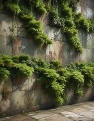 Mottled tile wall with lush green moss and mildew growth , stone walls, grime