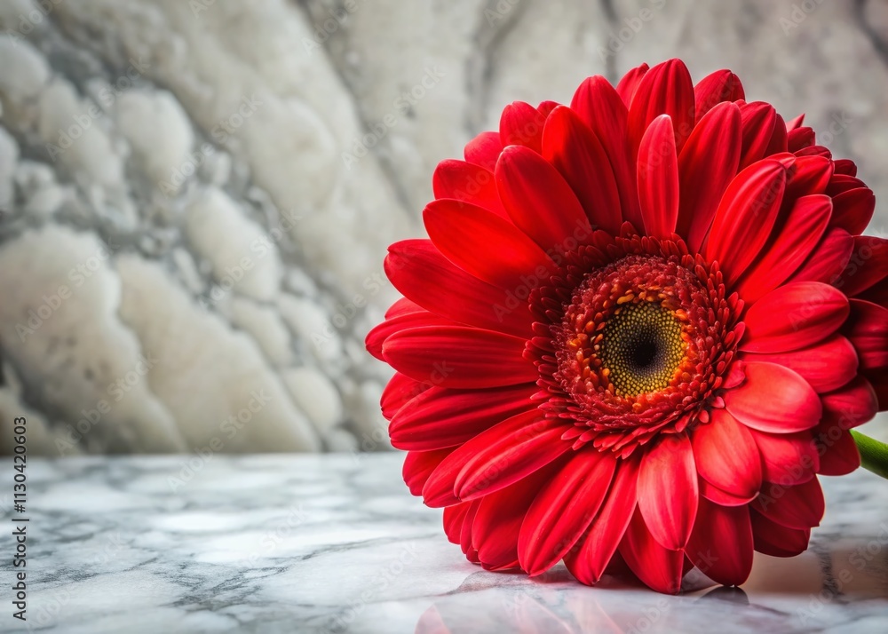 Poster stunning close-up of a vibrant red gerbera daisy on a marble background with ample copy space for te