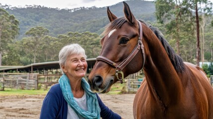 A therapy horse allowing an elderly woman to lean on it while standing in a therapy paddock