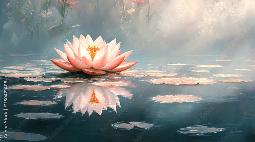 Poster lotus flower blooming in tranquil pond surrounded by soft mist and floating lily pads at dawn. gener