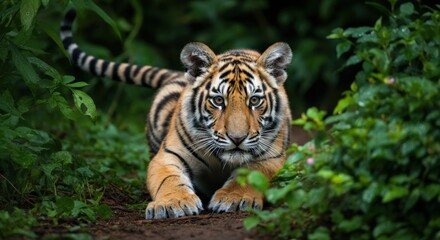 Obraz premium Majestic young tiger stalking in lush green forest habitat