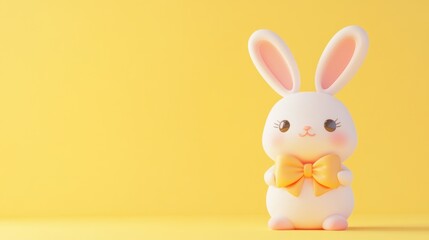 Obraz premium Adorable White Bunny With Yellow Bow Against Yellow Background