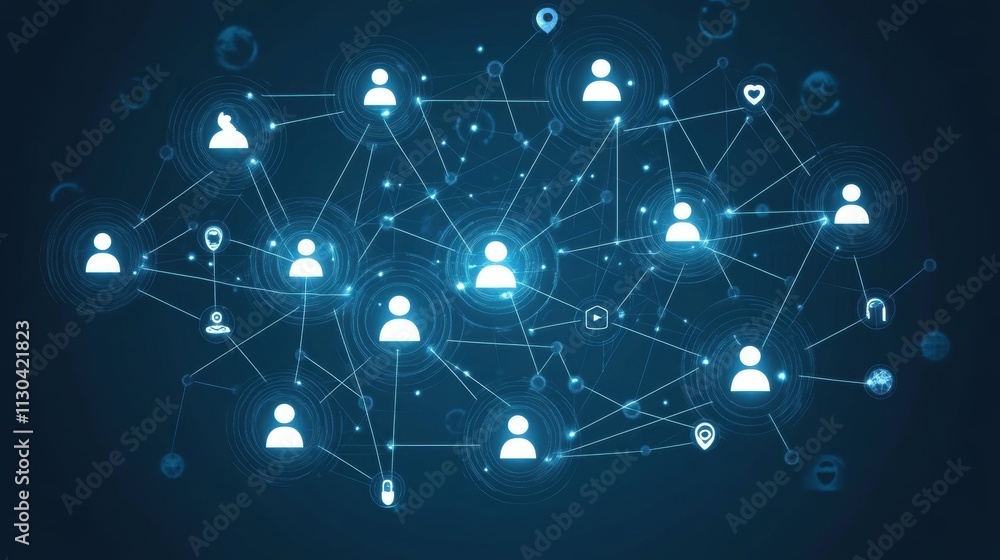 Poster network of connected users in digital space with blue elements