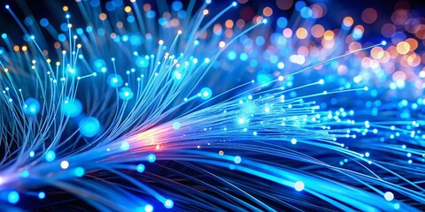 Fototapeta premium Stunning Drone Photography of Blue Fiber Optic Strands with Sparkling Lights for Digital Communication and Online Services