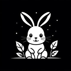 Obraz premium Cute Bunny in a Black and White World: A charming and simple black and white illustration of a cute bunny sitting in a field of leaves, evokes a sense of innocence and serenity. 