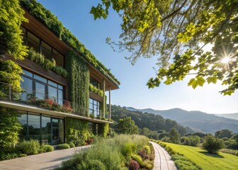 Stunning Ecological Architecture Showcasing Green Living Facades of Modern Buildings in a Lush Natural Landscape, Merging Nature and Sustainable Design for Urban Environments