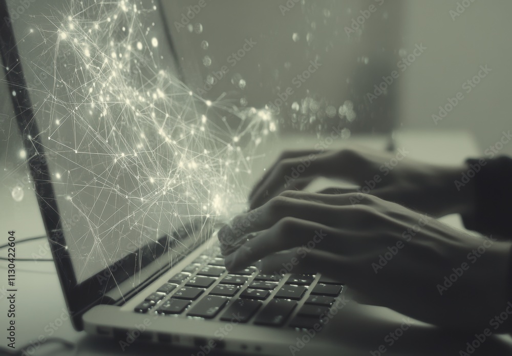 Poster hands typing on laptop with abstract digital network visuals