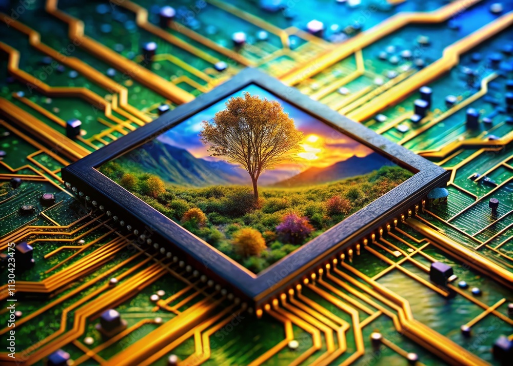Poster stunning landscape photography of ai chip with neuronal networks on circuit board, capturing the fus