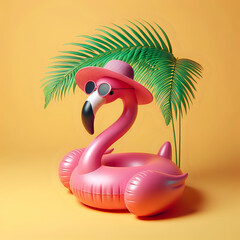 Obraz premium Pink flamingo with sunglasses and umbrella under palm leaf on yellow summer background 3D Rendering, 3D Illustration