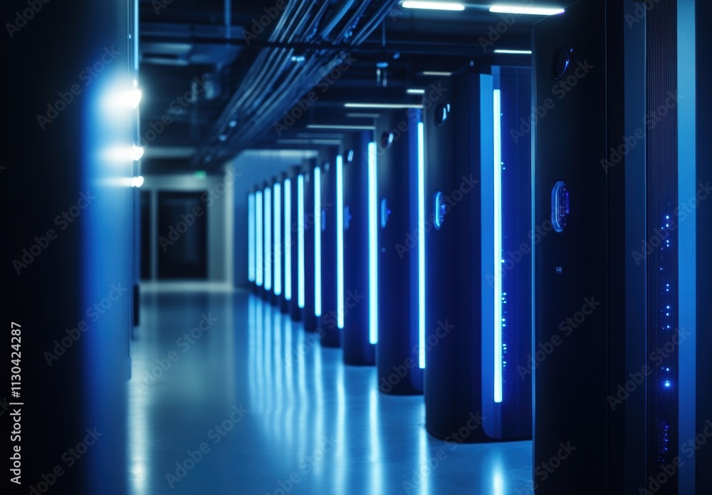 Poster futuristic server room with illuminated data center racks