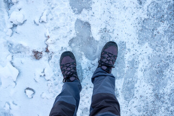 Snow-covered landscape with boots in winter wonderland of Leksand in Dalarna Sweden