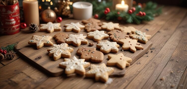 Freshly baked Christmas cookies on a wooden table , dessert, treats - Powered by Adobe