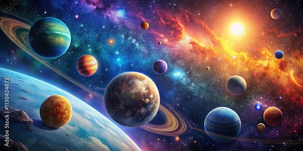 Poster stunning multiverse planetary system digital artwork featuring diverse celestial bodies and vibrant 