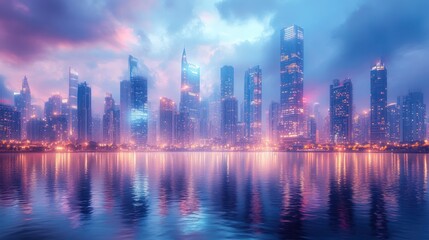 Obraz premium Cityscape at dawn, reflected in calm water.