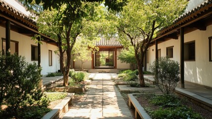 Fototapeta premium A tranquil courtyard garden with lush trees, symmetrical plant beds, a central pathway leading to a pavilion, and surrounding white traditional architecture.
